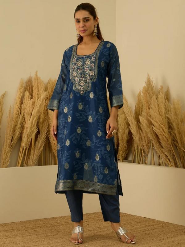 VP 9727 T Silk Blend Embroidered Straight Kurta Set with Trousers & Dupatta